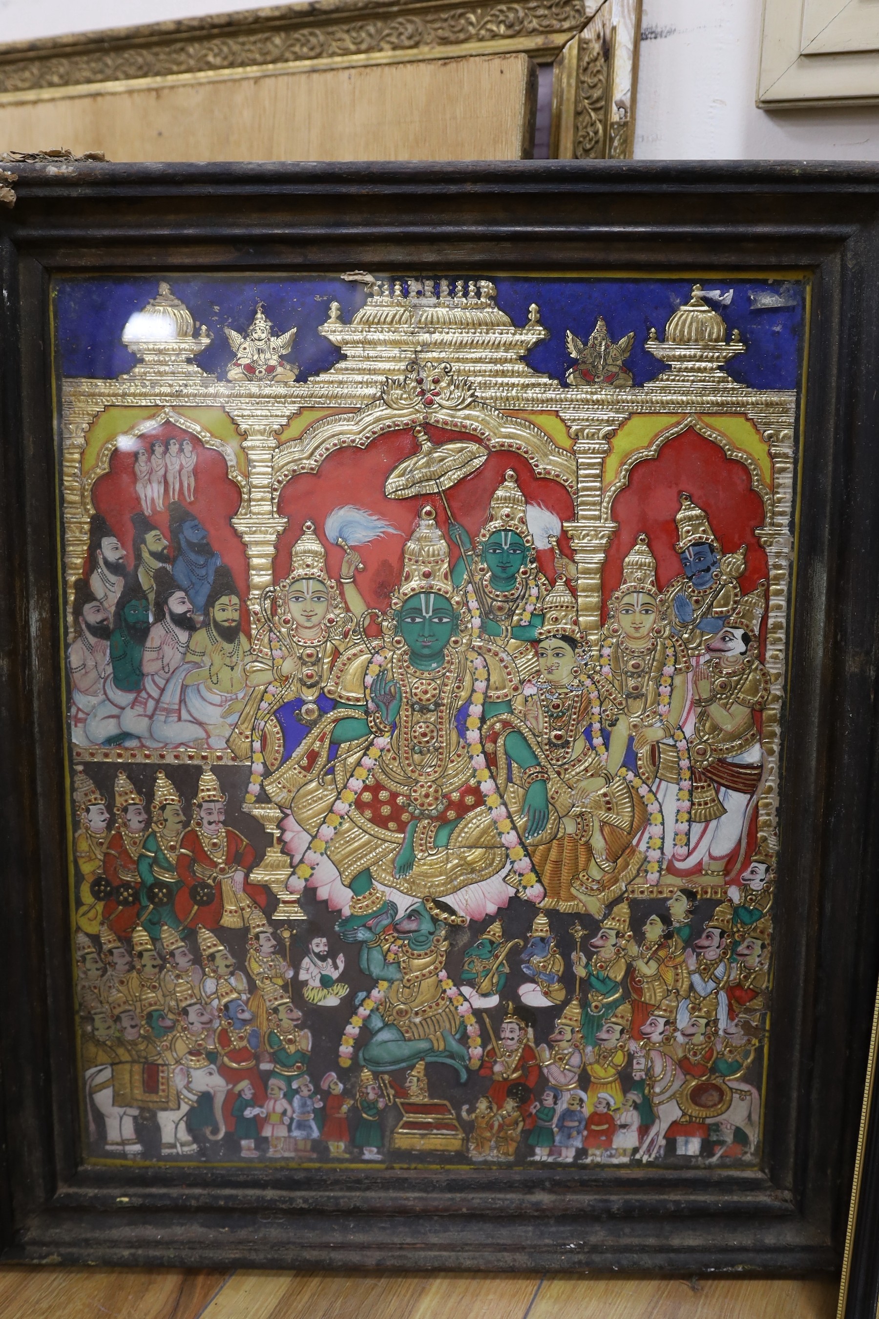 Indian School, eight assorted reverse paintings on glass, Studies of nobles, deities and other figures, largest 60 x 44cm